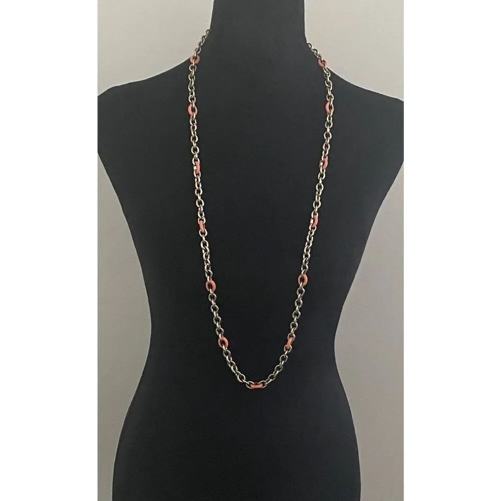J Crew Orange Enamel & Gold-Tone Chain Link Necklace 38"